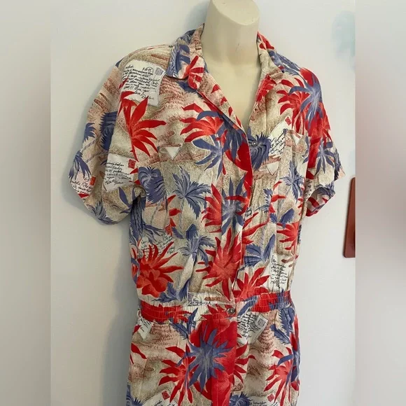 Mixed Blues Vintage Palm Print Romper Medium 9/11 - Picture 2 of 6